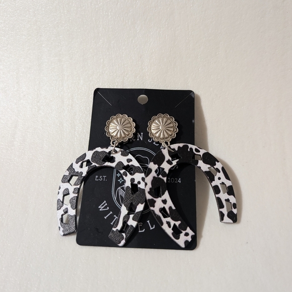 Black and White Cow Print Earrings - Picture 2 of 6